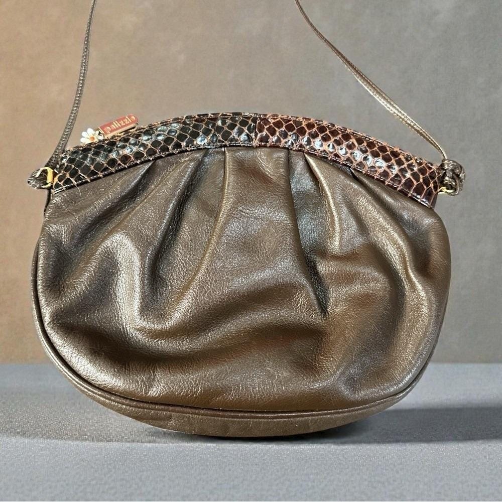 Vintage Palizzio Brown Leather Shoulder Bag‎ with SnakeskinTrim
